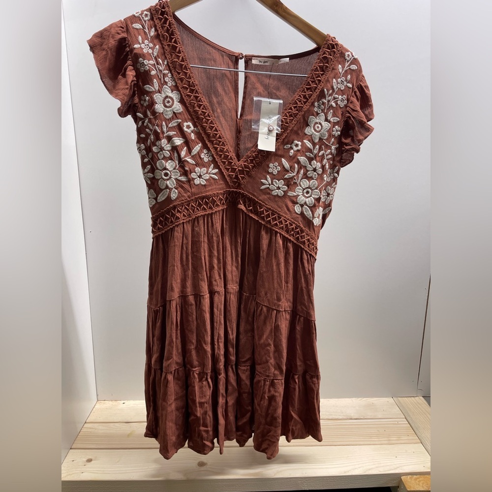 Terracotta Midi Dress with White Floral Embroidered Details